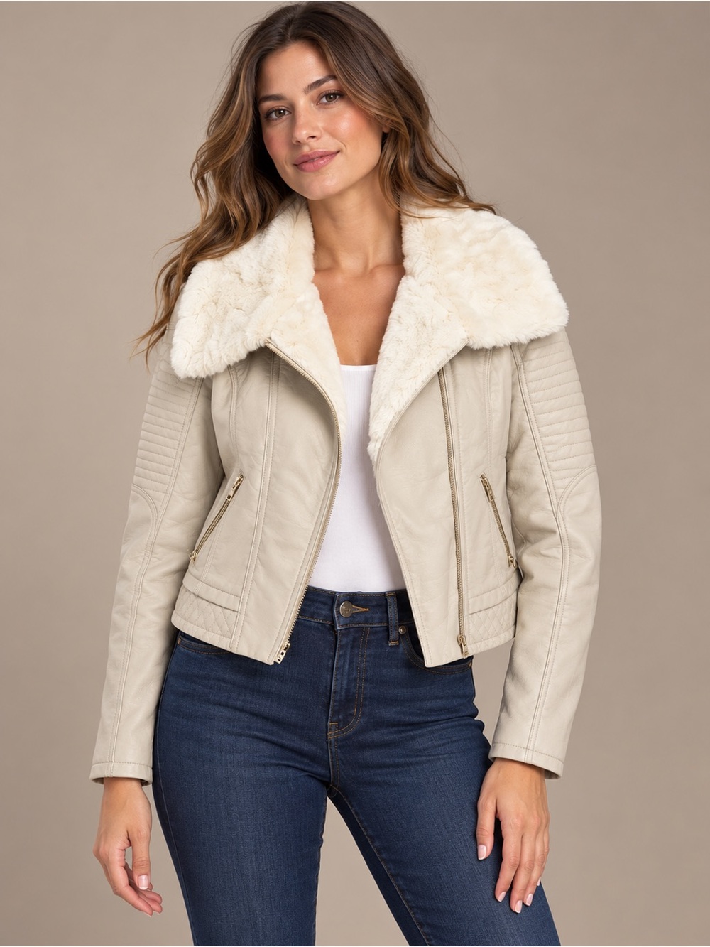 GUESS Ivory Moto Jacket with Plush Collar & Quilted Details